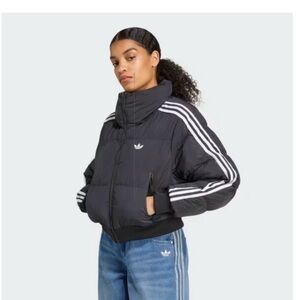 adidas Black Puffer Jacket with White Three Stripes